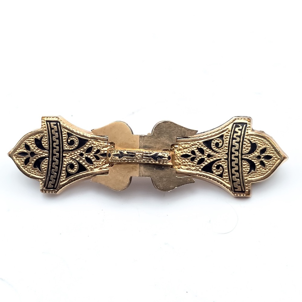 Victorian Gold Filled Taille D' Epargne Black Enamel Antique 2" Bar Brooch Pin